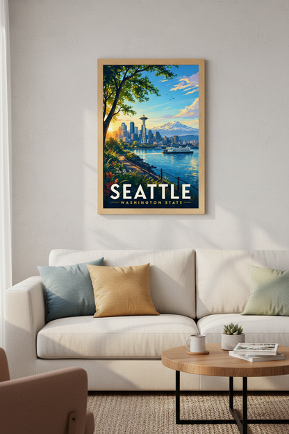 Seattle Cityscape Art | Retro Travel Poster, Space Needle &amp; Mt Rainier Decor