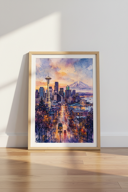 Seattle Skyline Watercolor | Space Needle Mt Rainier Art, Cityscape Decor