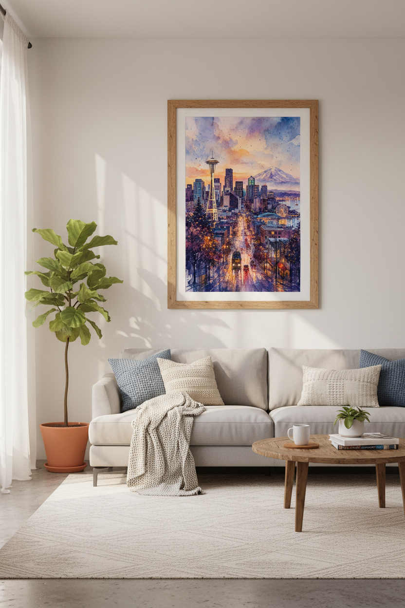 Seattle Skyline Watercolor | Space Needle Mt Rainier Art, Cityscape Decor