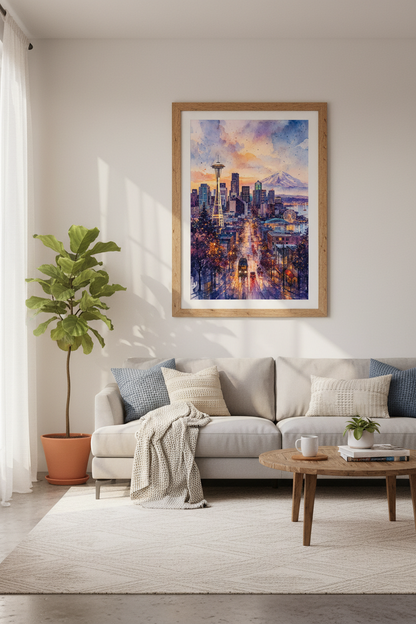 Seattle Skyline Watercolor | Space Needle Mt Rainier Art, Cityscape Decor