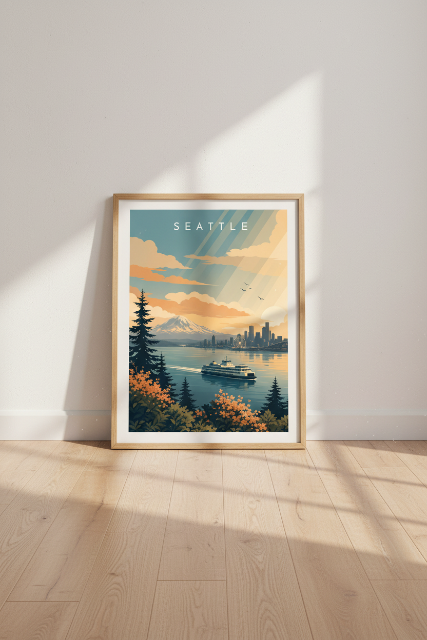 Seattle Skyline Travel Poster | Retro Mount Rainier Art, Living Room Wall Decor
