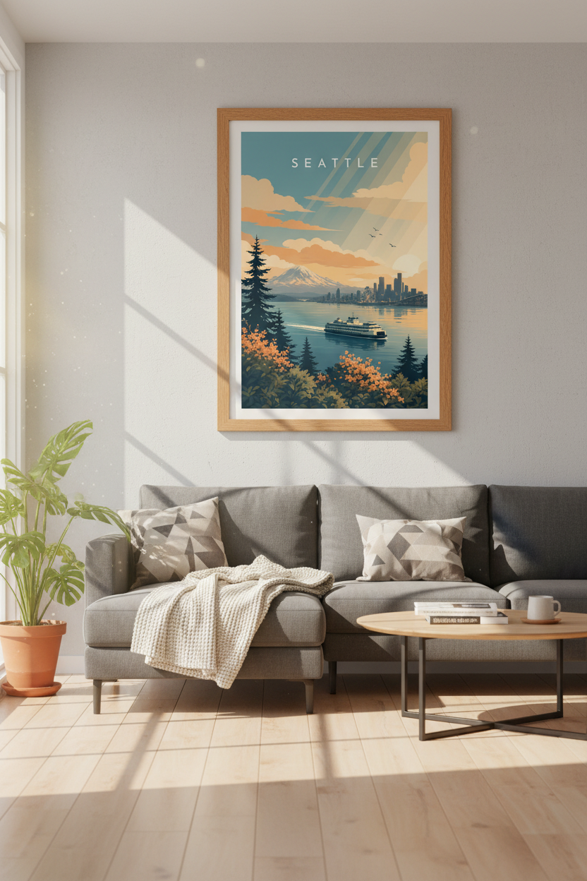 Seattle Skyline Travel Poster | Retro Mount Rainier Art, Living Room Wall Decor