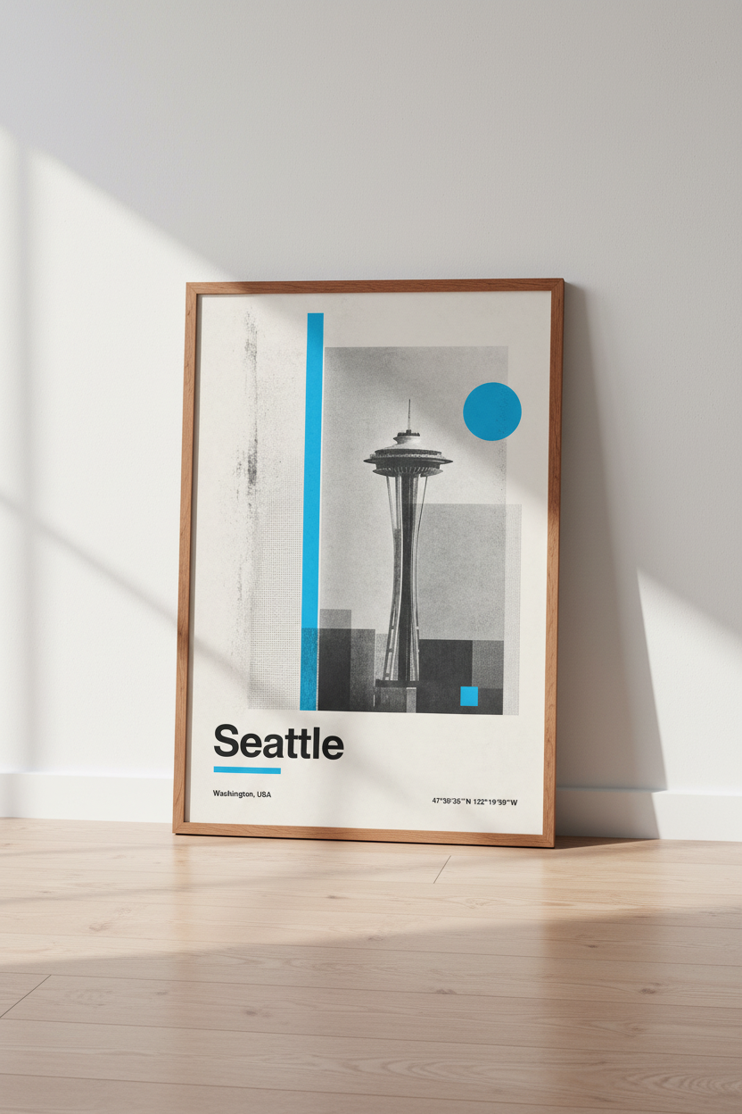 Seattle Space Needle Art | Modern Geometric Cityscape, Blue &amp; Grey Office Decor
