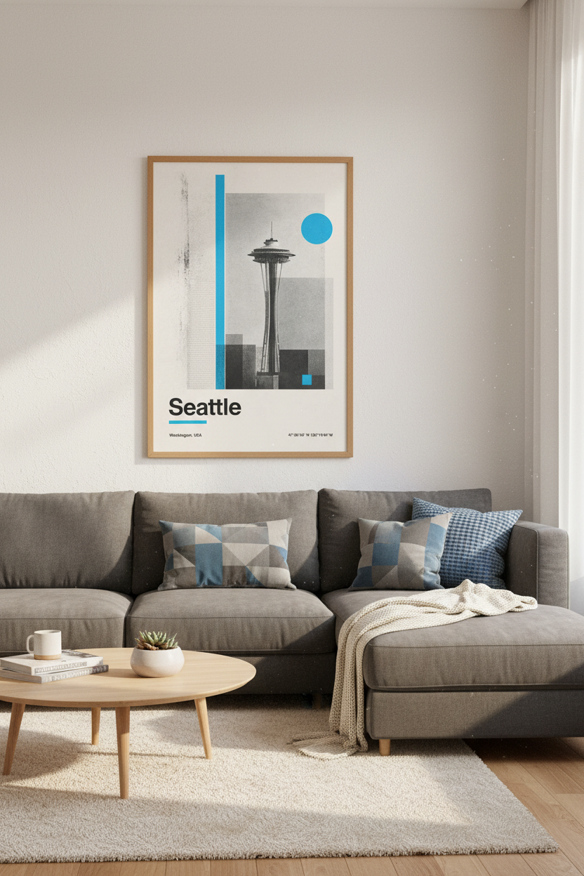 Seattle Space Needle Art | Modern Geometric Cityscape, Blue &amp; Grey Office Decor