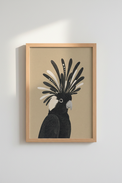 Black Cockatoo Bird Wall Art | Modern Beige &amp; Charcoal Print, Minimalist Boho Decor
