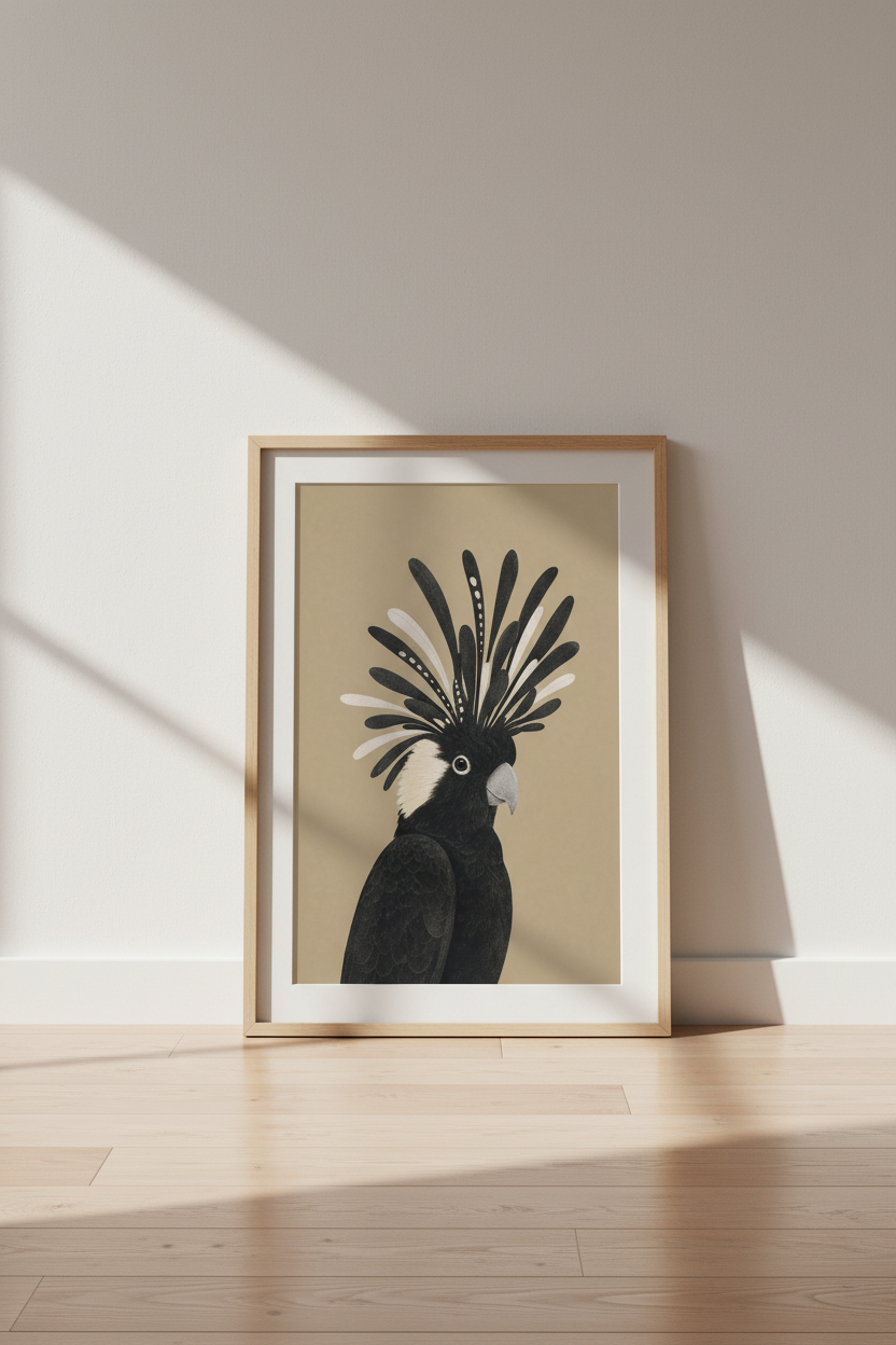 Black Cockatoo Bird Wall Art | Modern Beige &amp; Charcoal Print, Minimalist Boho Decor