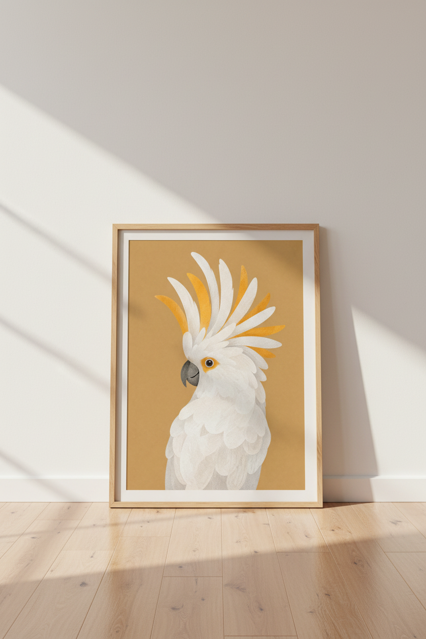 Cockatoo Bird Portrait Wall Art | Yellow White Tropical Poster, Boho Nursery Decor
