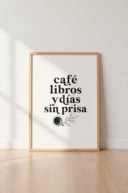 Spanish Coffee &amp; Books Wall Art | Minimalist Quote Print | Slow Living Decor