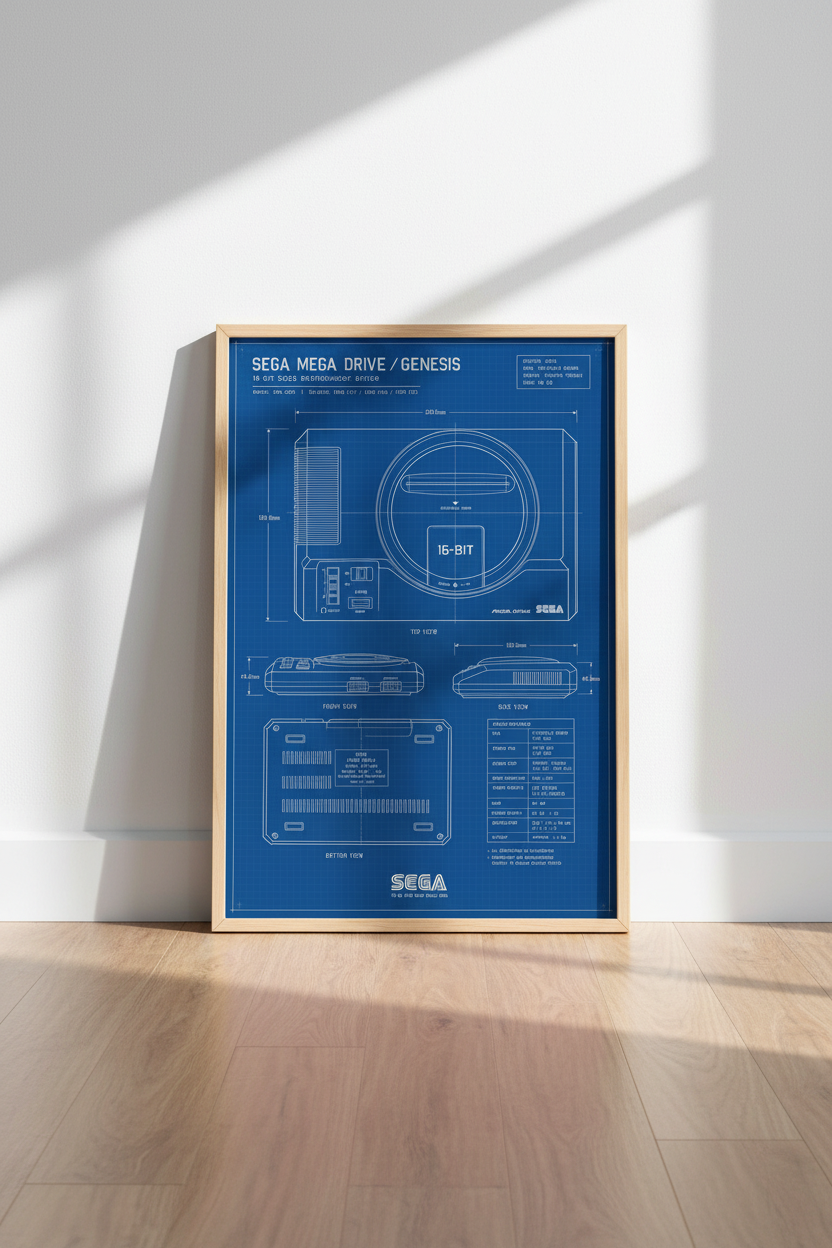 Sega Genesis Blueprint Wall Art | Retro Gaming Decor | Blue Tech Poster