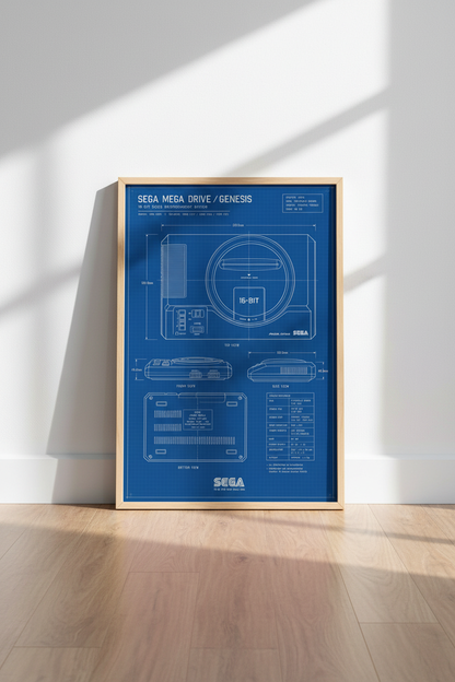 Sega Genesis Blueprint Wall Art | Retro Gaming Decor | Blue Tech Poster