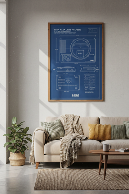 Sega Genesis Blueprint Wall Art | Retro Gaming Decor | Blue Tech Poster