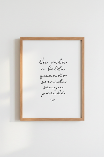 Italian Quote Wall Art Print | Minimalist Calligraphy Decor | La Vita E Bella Poster