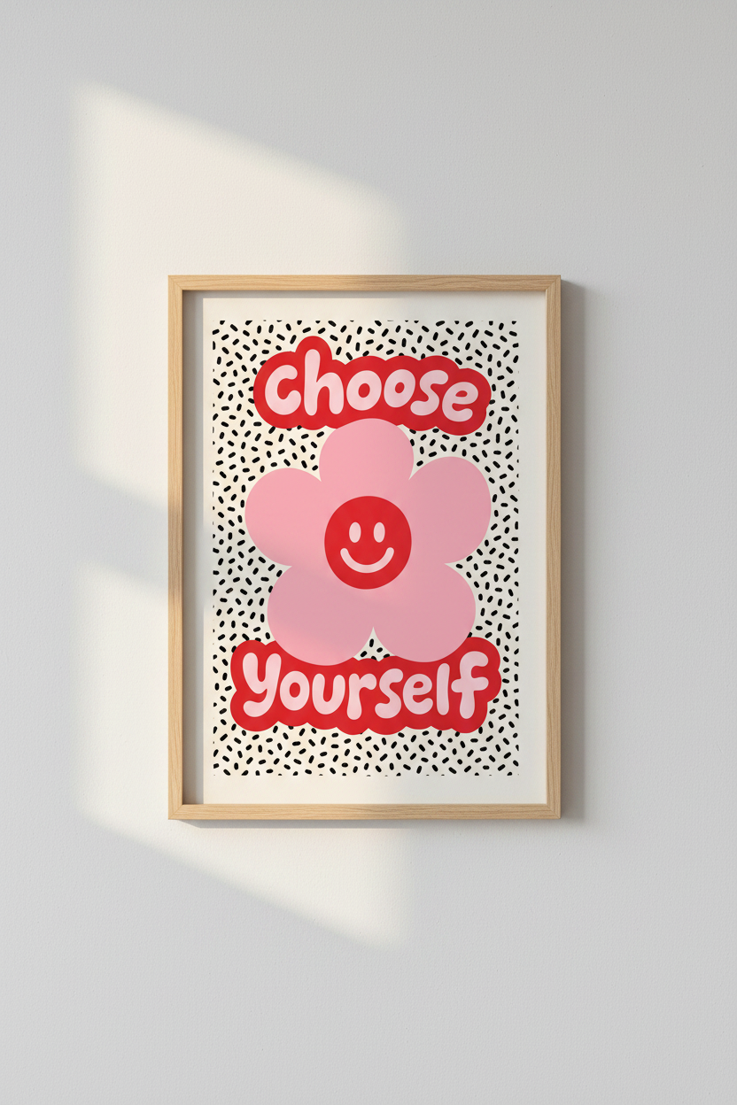 Choose Yourself | Pink Retro Flower Wall Art, Preppy Smiley Face Poster