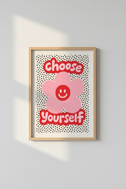 Choose Yourself | Pink Retro Flower Wall Art, Preppy Smiley Face Poster
