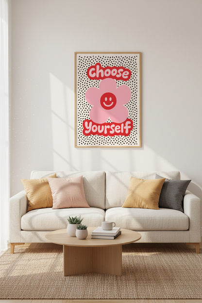 Choose Yourself | Pink Retro Flower Wall Art, Preppy Smiley Face Poster