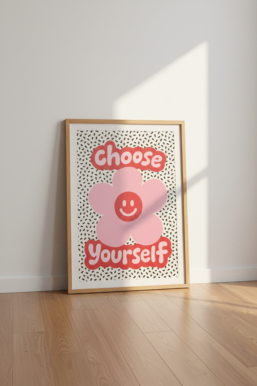 Choose Yourself | Pink Retro Flower Wall Art, Preppy Smiley Face Poster