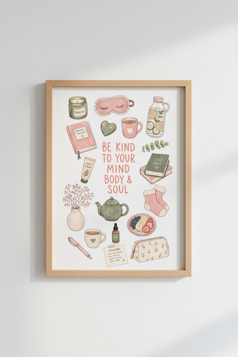Self Care Illustration Wall Art Print | Pink &amp; Sage Green Decor | Mental Health Poster