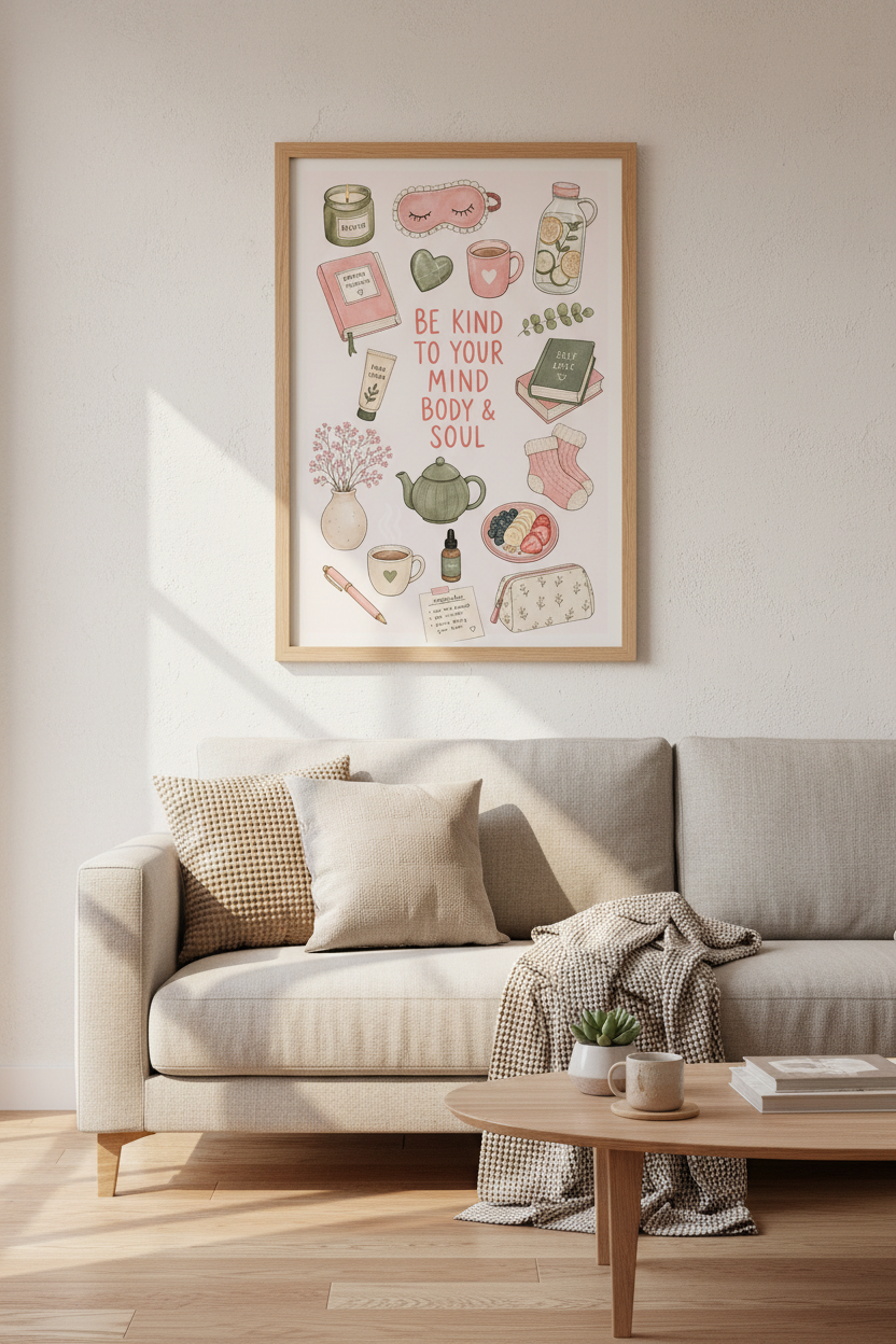 Self Care Illustration Wall Art Print | Pink &amp; Sage Green Decor | Mental Health Poster