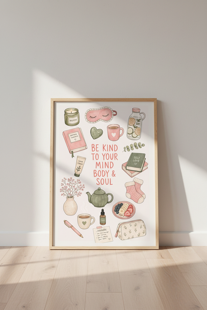 Self Care Illustration Wall Art Print | Pink &amp; Sage Green Decor | Mental Health Poster