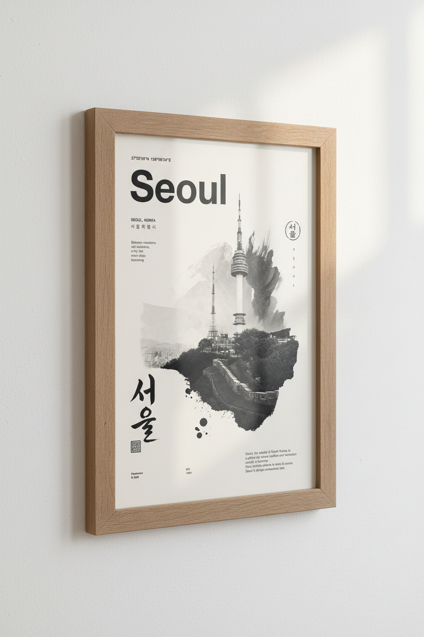 Seoul Korea Wall Art Print | Minimalist Cityscape Decor | Monochrome Travel Poster