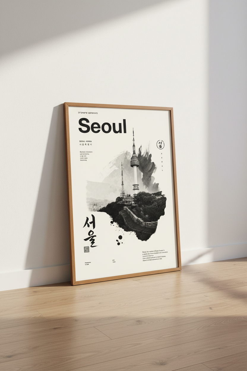 Seoul Korea Wall Art Print | Minimalist Cityscape Decor | Monochrome Travel Poster