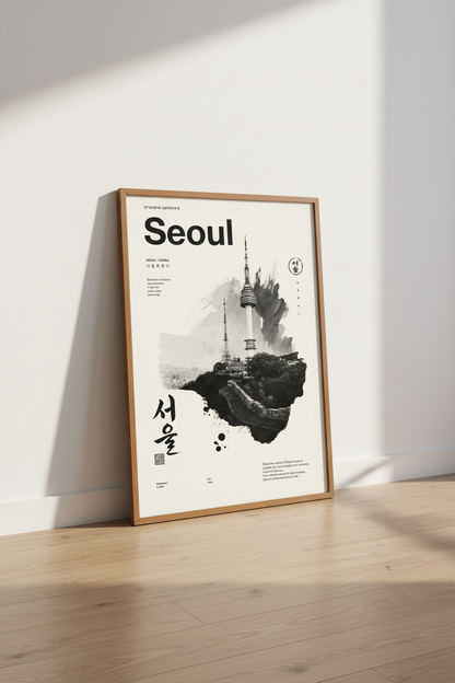Seoul Korea Wall Art Print | Minimalist Cityscape Decor | Monochrome Travel Poster