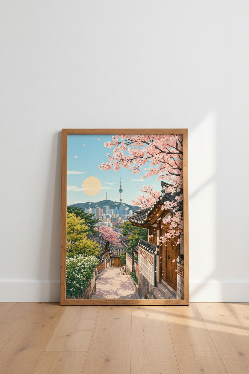 Seoul South Korea Wall Art | Cherry Blossom Anime Style, Bukchon Hanok Poster