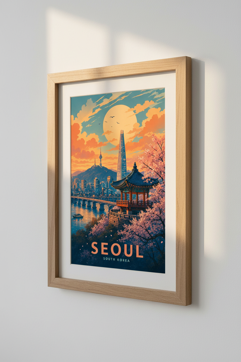 Seoul South Korea Travel Poster | Retro Sunset Cityscape Wall Art | Modern Home Decor