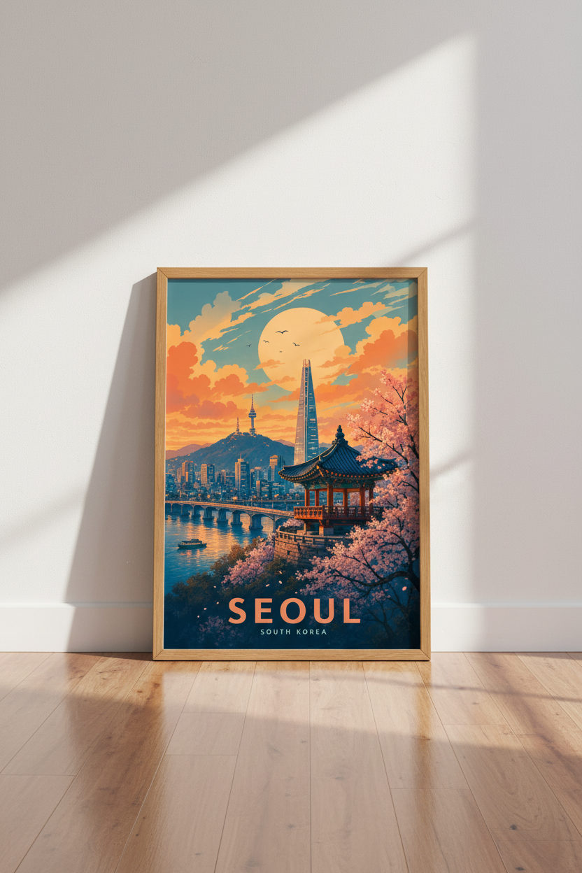 Seoul South Korea Travel Poster | Retro Sunset Cityscape Wall Art | Modern Home Decor