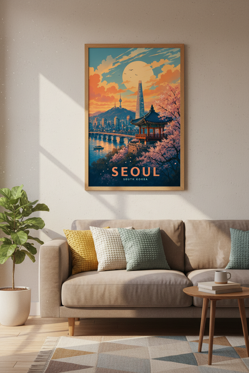 Seoul South Korea Travel Poster | Retro Sunset Cityscape Wall Art | Modern Home Decor