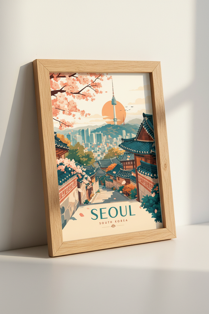 Seoul South Korea Travel Poster | Pastel Cherry Blossom Art | Vintage Cityscape Print