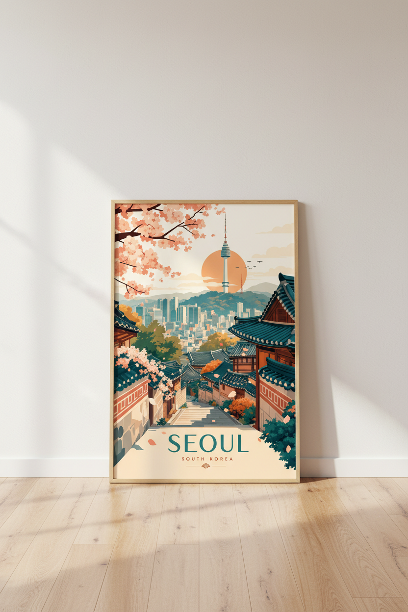 Seoul South Korea Travel Poster | Pastel Cherry Blossom Art | Vintage Cityscape Print