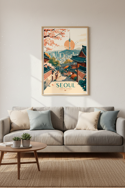 Seoul South Korea Travel Poster | Pastel Cherry Blossom Art | Vintage Cityscape Print