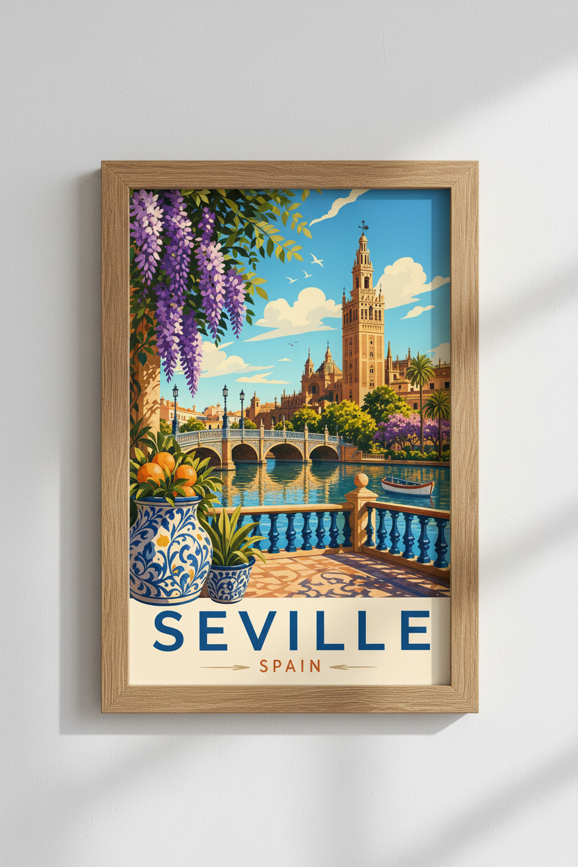 Seville Spain Travel Poster | Vintage Floral City Wall Art | Mediterranean Home Decor