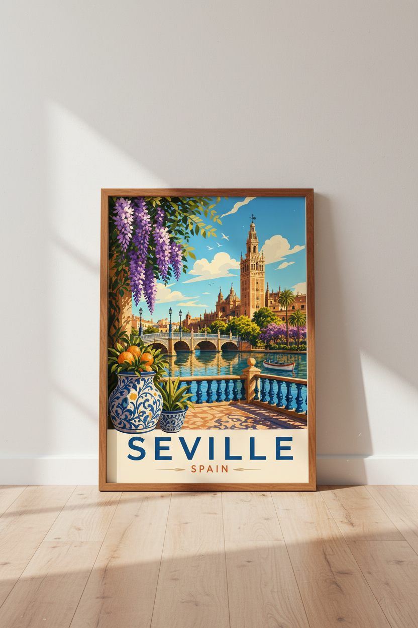 Seville Spain Travel Poster | Vintage Floral City Wall Art | Mediterranean Home Decor