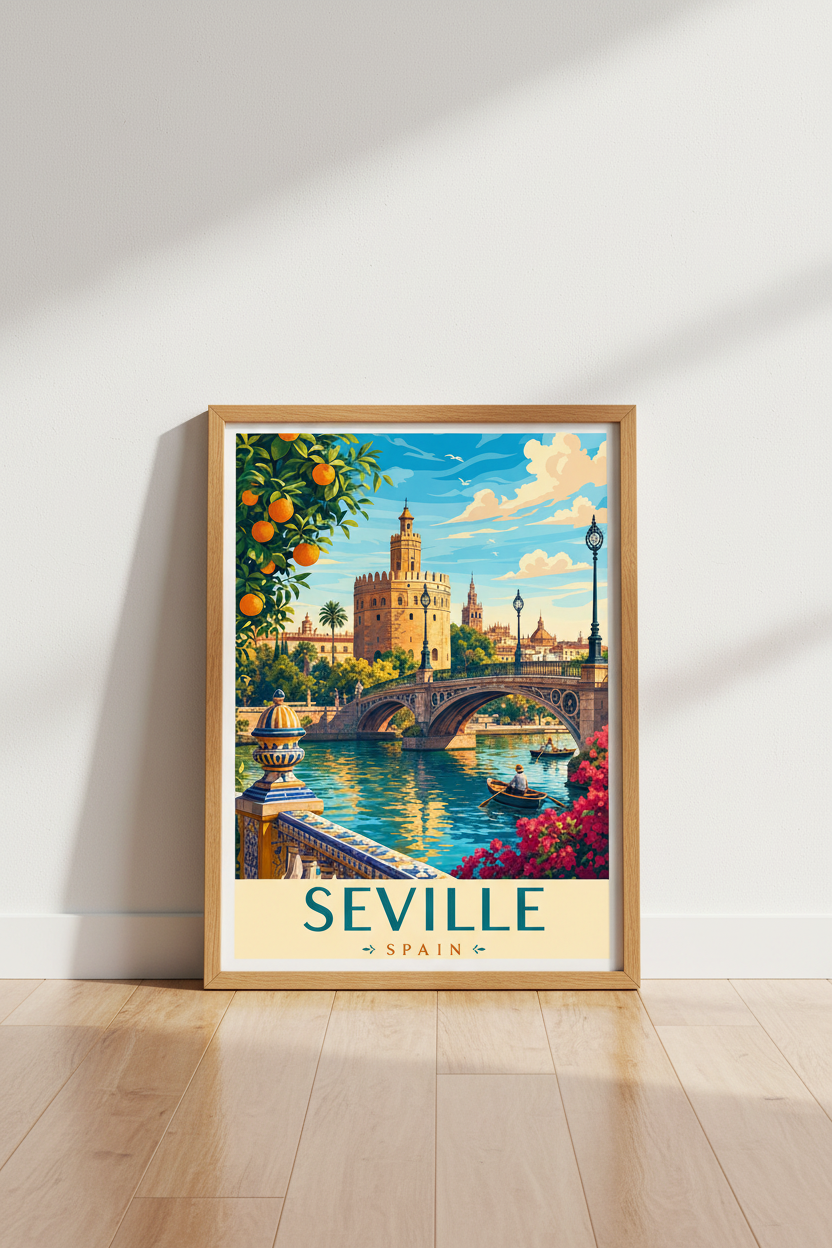Seville Spain Travel Poster | Vintage Vibrant River View, Living Room Decor