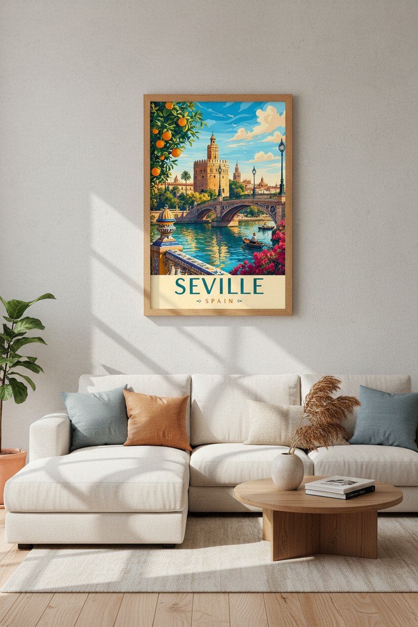 Seville Spain Travel Poster | Vintage Vibrant River View, Living Room Decor