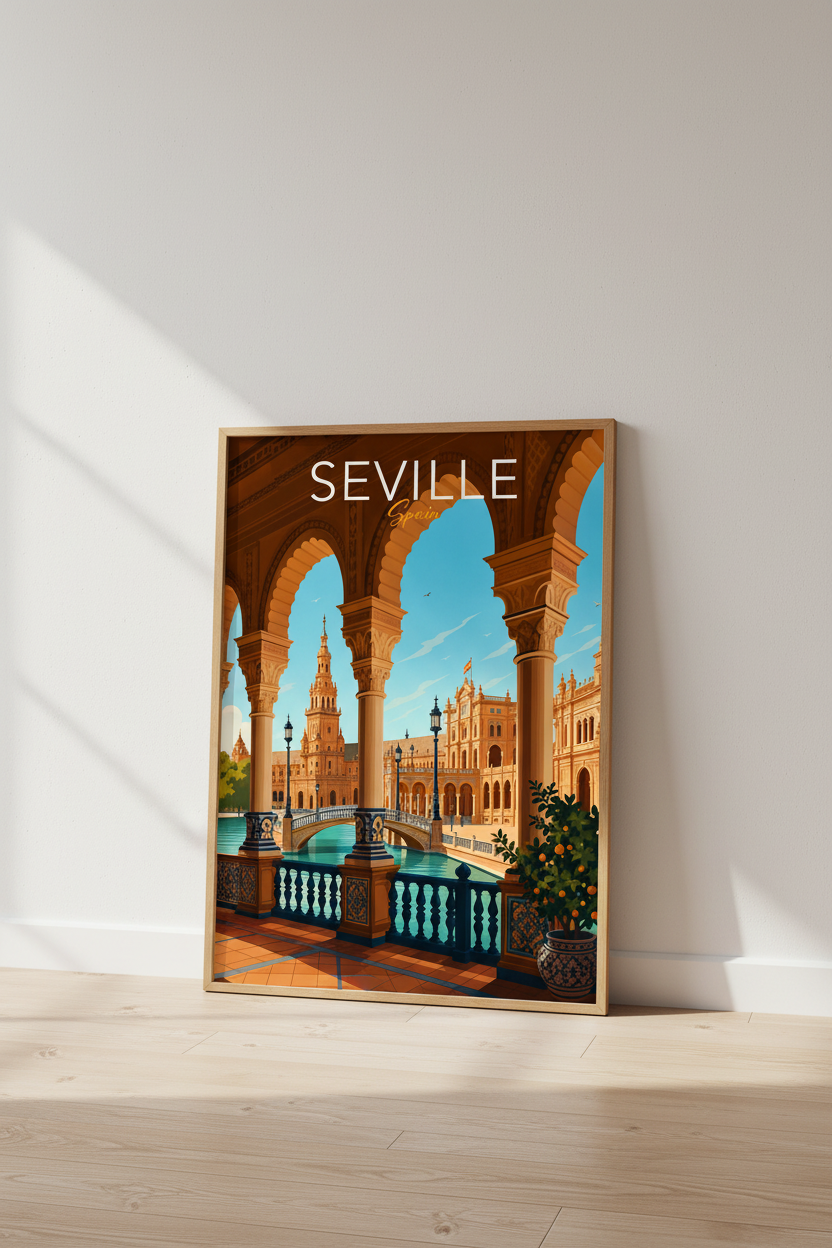 Seville Spain Travel Poster | Plaza de Espana Architecture Print | Mediterranean Wall