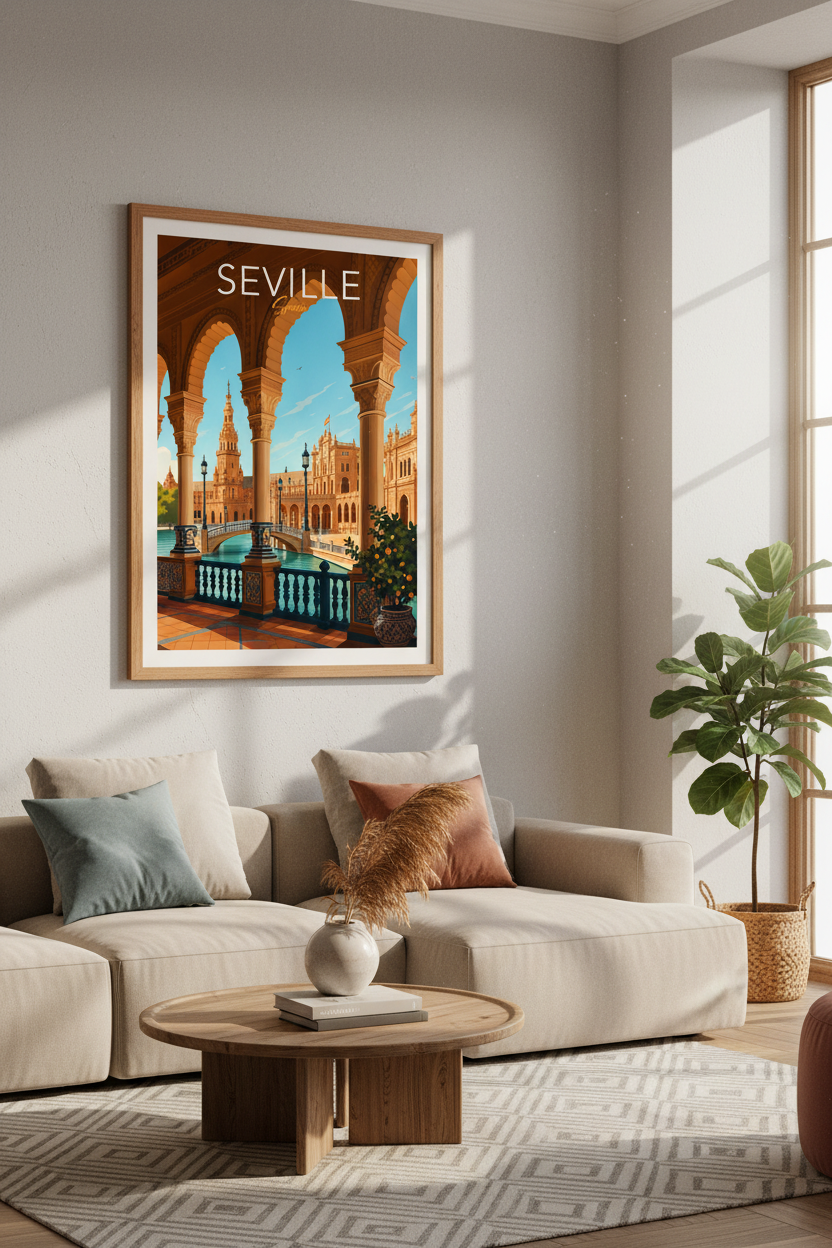 Seville Spain Travel Poster | Plaza de Espana Architecture Print | Mediterranean Wall