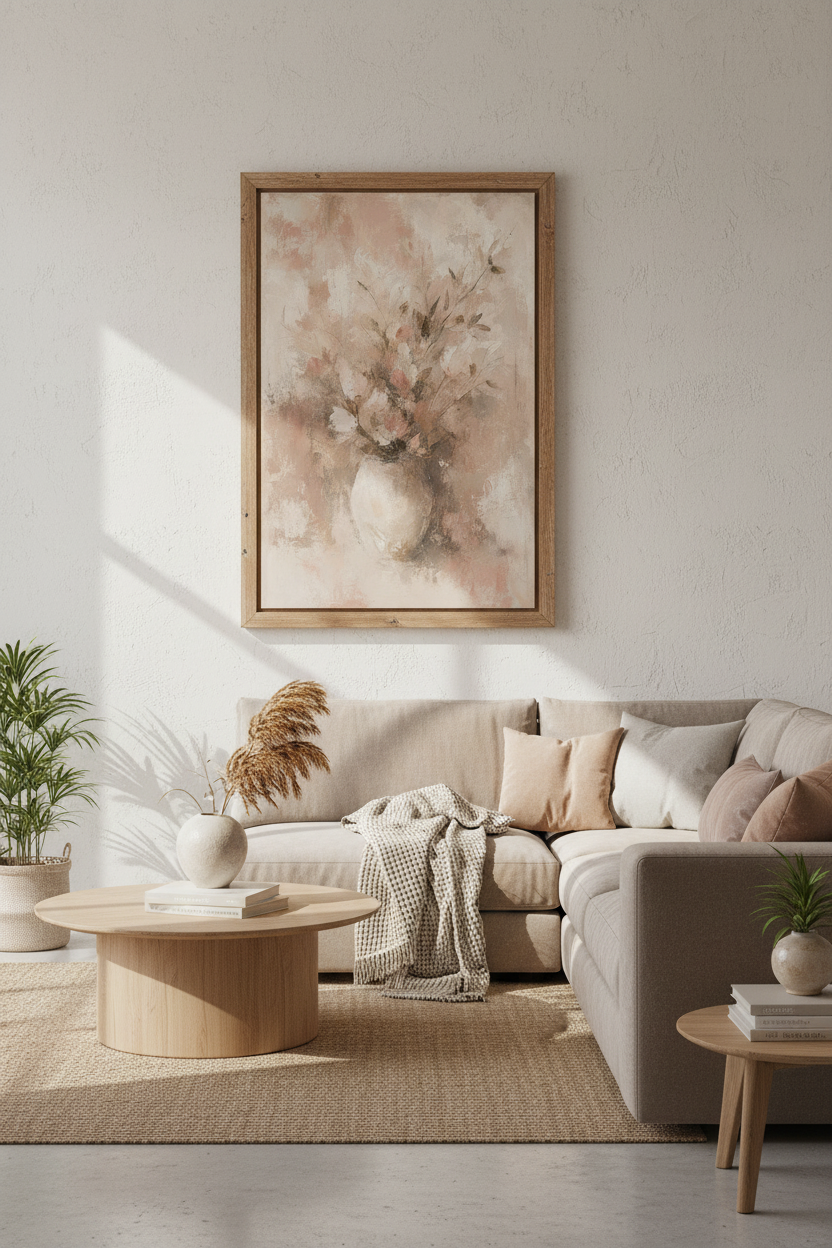 Abstract Floral Vase Oil Painting | Neutral Beige &amp; Blush, Bedroom Decor Art