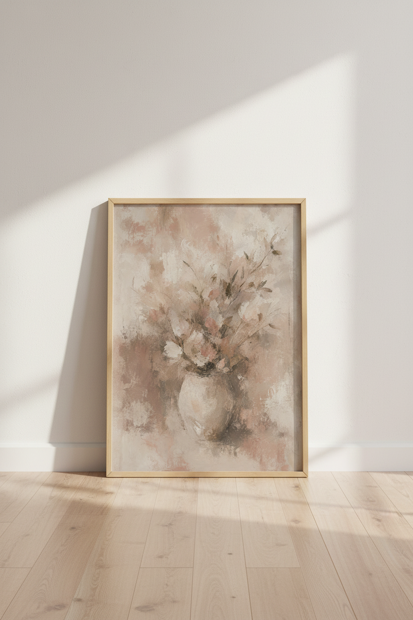 Abstract Floral Vase Oil Painting | Neutral Beige &amp; Blush, Bedroom Decor Art