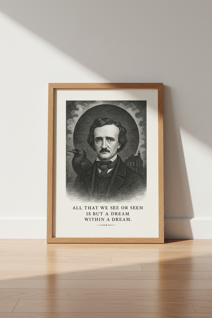 Edgar Allan Poe Wall Art | Gothic Raven Engraving Print, Library Decor/Gift