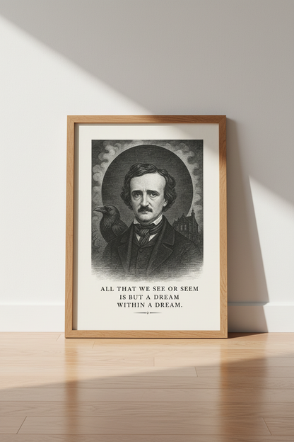 Edgar Allan Poe Wall Art | Gothic Raven Engraving Print, Library Decor/Gift