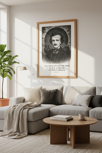 Edgar Allan Poe Wall Art | Gothic Raven Engraving Print, Library Decor/Gift
