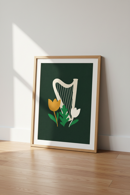 Harp Floral Wall Art Print | Music Room Decor | Mid Century Modern Poster