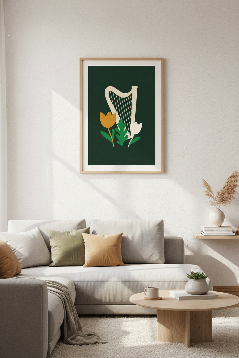 Harp Floral Wall Art Print | Music Room Decor | Mid Century Modern Poster