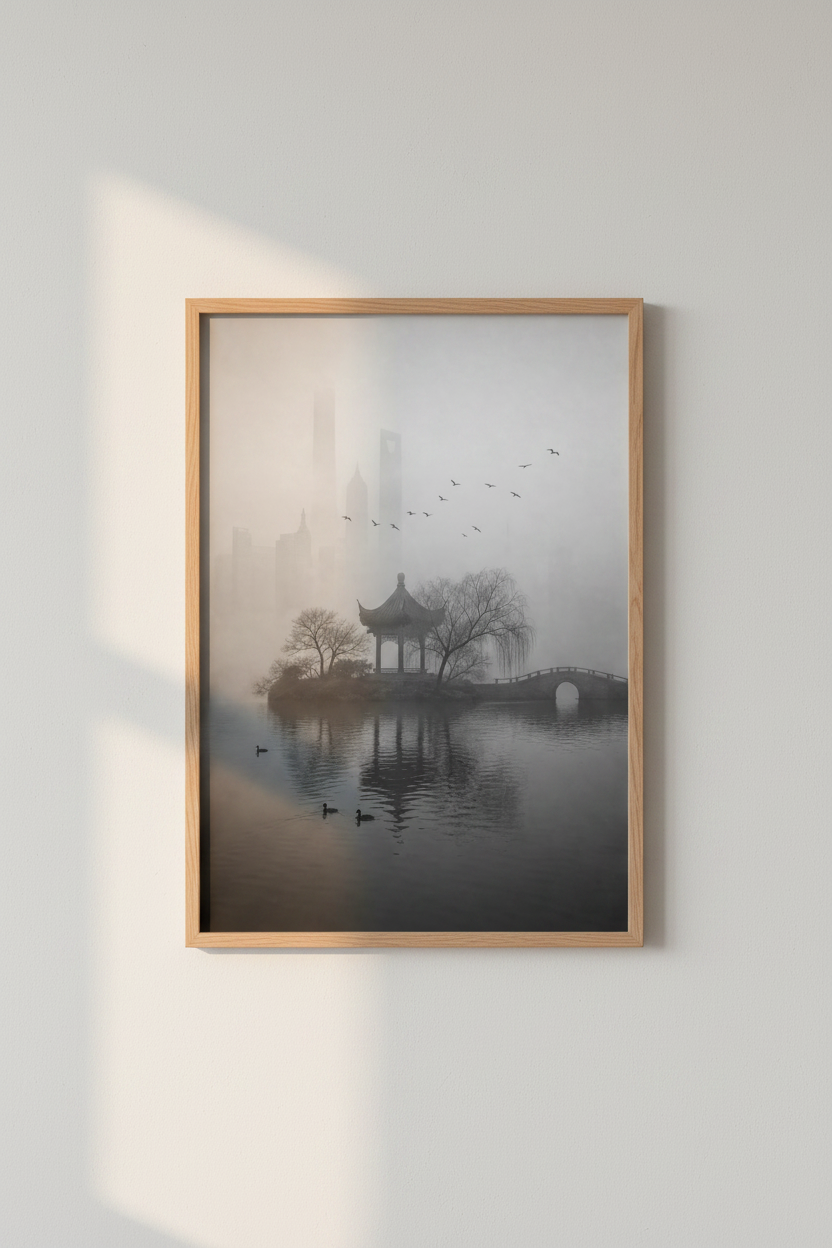 Chinese Landscape Art Print | Misty Shanghai Pagoda, Zen Aesthetic Poster