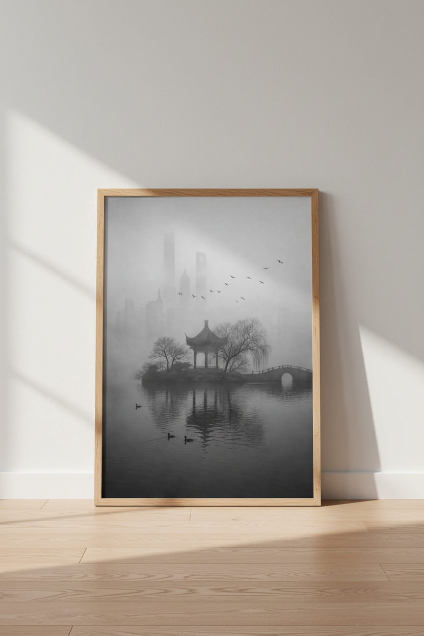 Chinese Landscape Art Print | Misty Shanghai Pagoda, Zen Aesthetic Poster