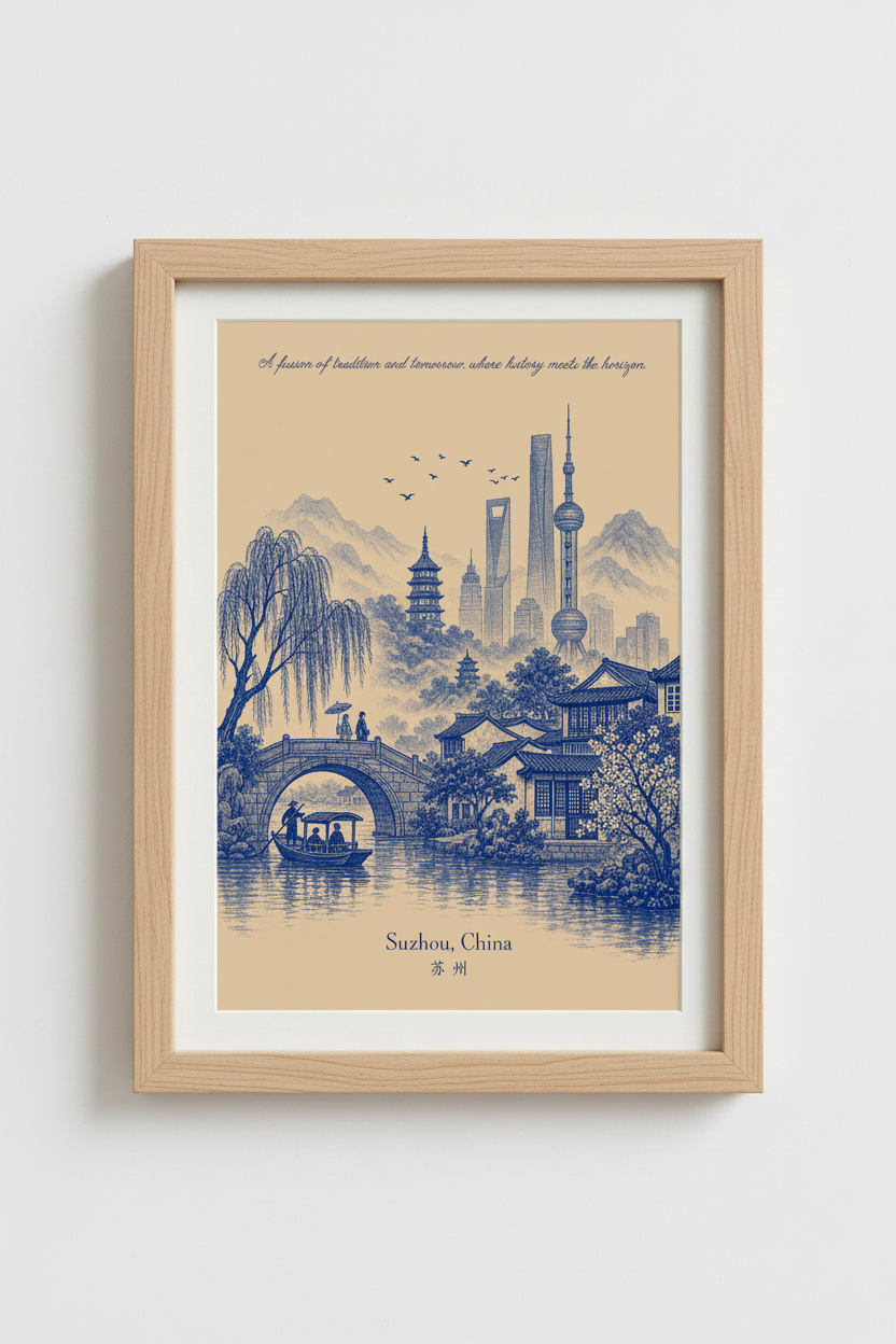 Suzhou wall art | Blue landscape decor, pagoda skyline | Elegant poster