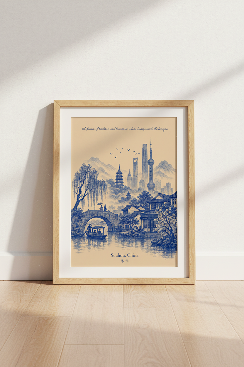 Suzhou wall art | Blue landscape decor, pagoda skyline | Elegant poster